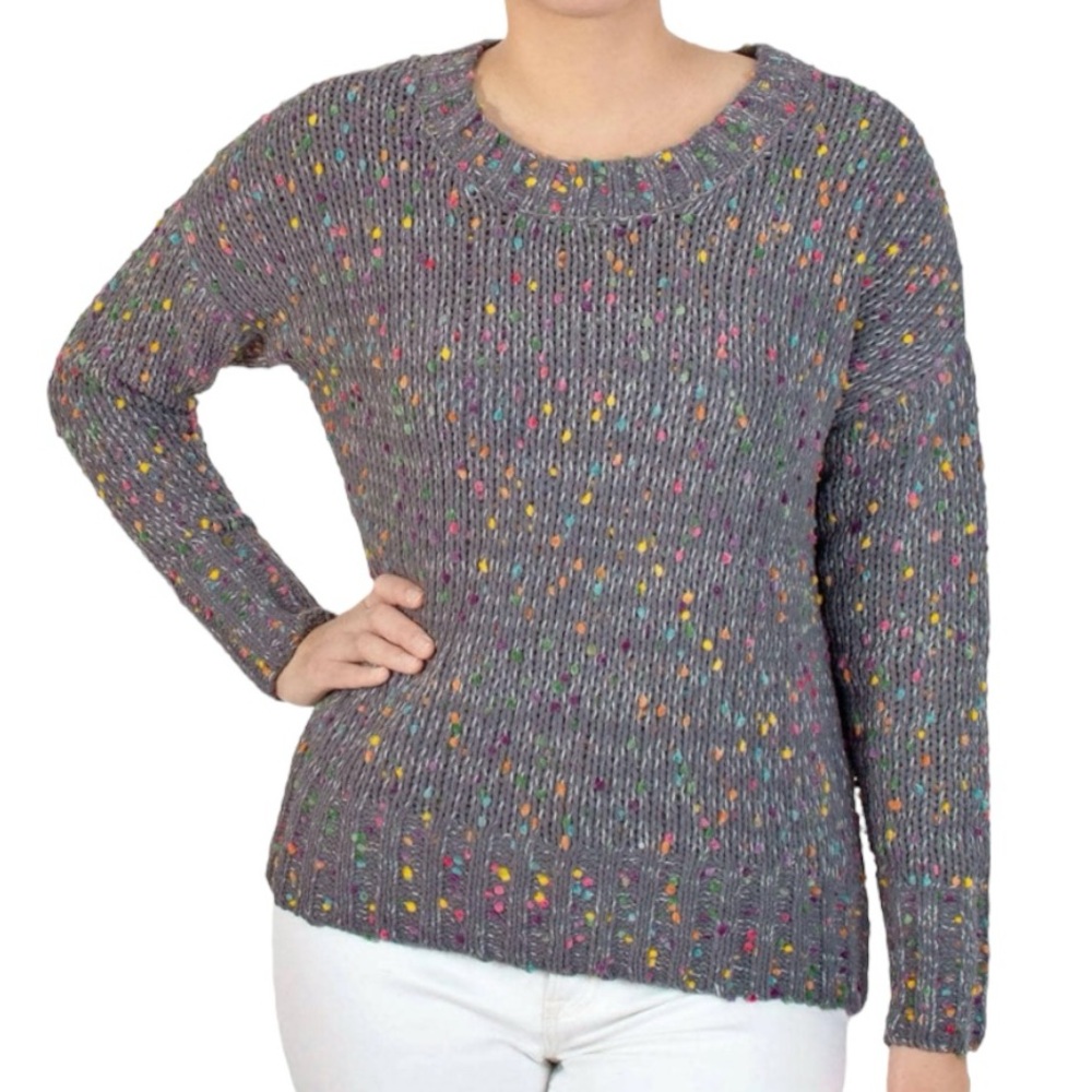 Seven7 Grey Confetti Sweater Womens Small Chenille Crochet Loose Knit Rainbow